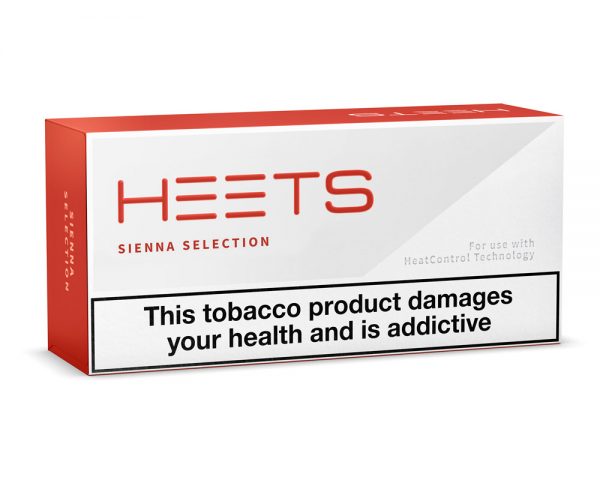 HEETS Sienna Satın Al, HEETS Sienna Paket Görseli HEETS Sienna Selection paketi, IQOS tütün çubuğu, tütün ürünü, ısıtılarak tüketilen tütün, kırmızı beyaz paket, tütün ambalajı.